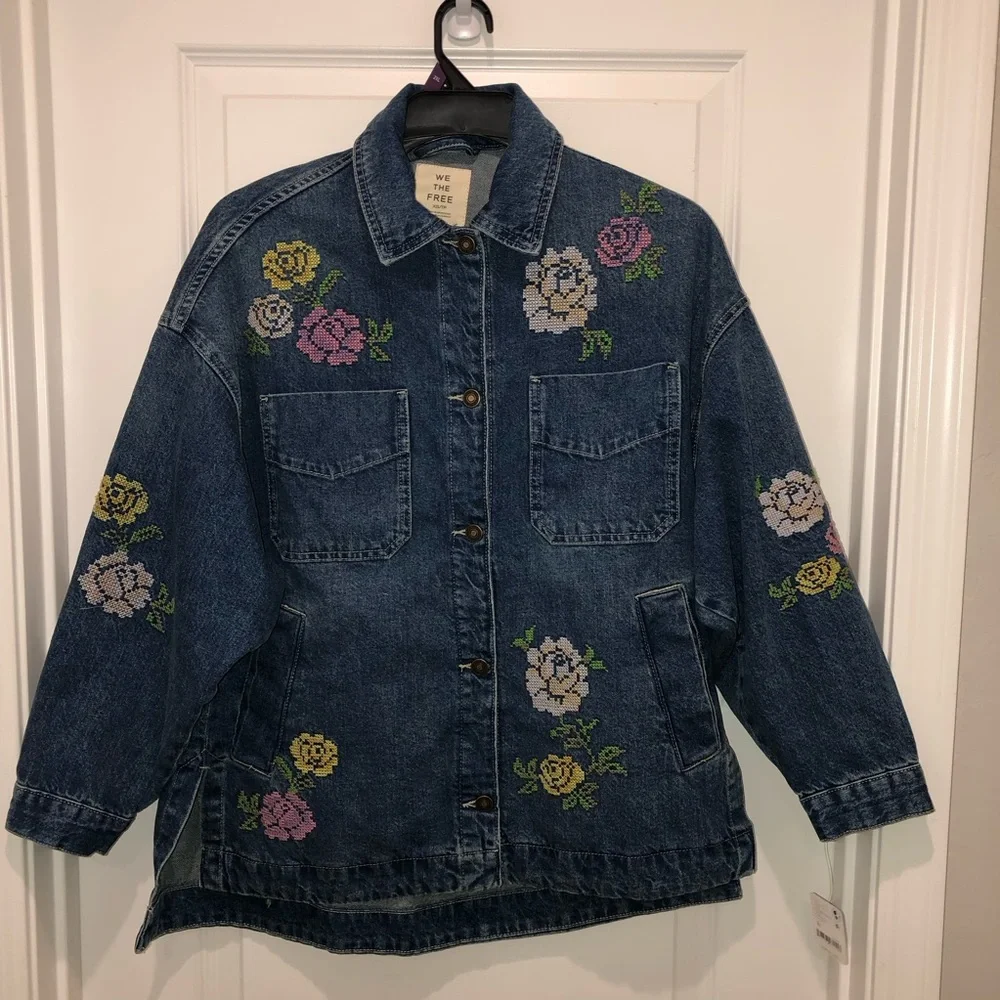New Free People We The Free Madison City Embroidered Denim Jacket Chore Coat XS - Picture 6 of 11